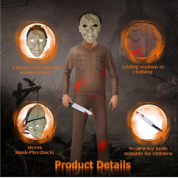 Kids👦🏻Michael Scary Killer Jumpsuit Costume w Zombie🧟♂️Mask👺Knife🔪Sz 7-8Y - Picture 3 of 9